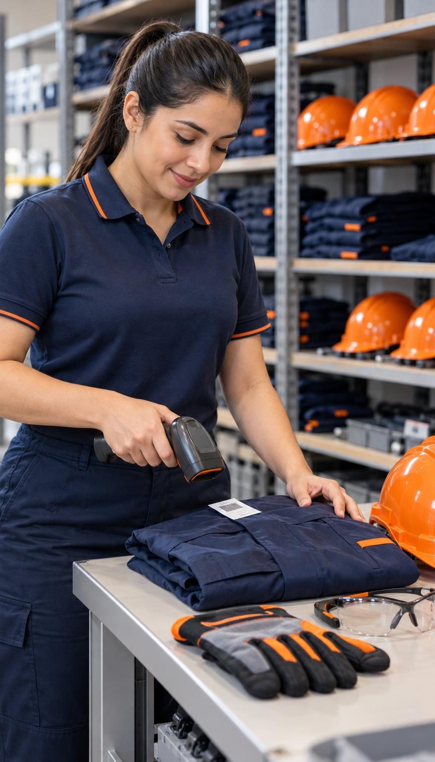 Empleada escaneando la etiqueta de un uniforme doblado junto a guantes, gafas y cascos naranja en estantes