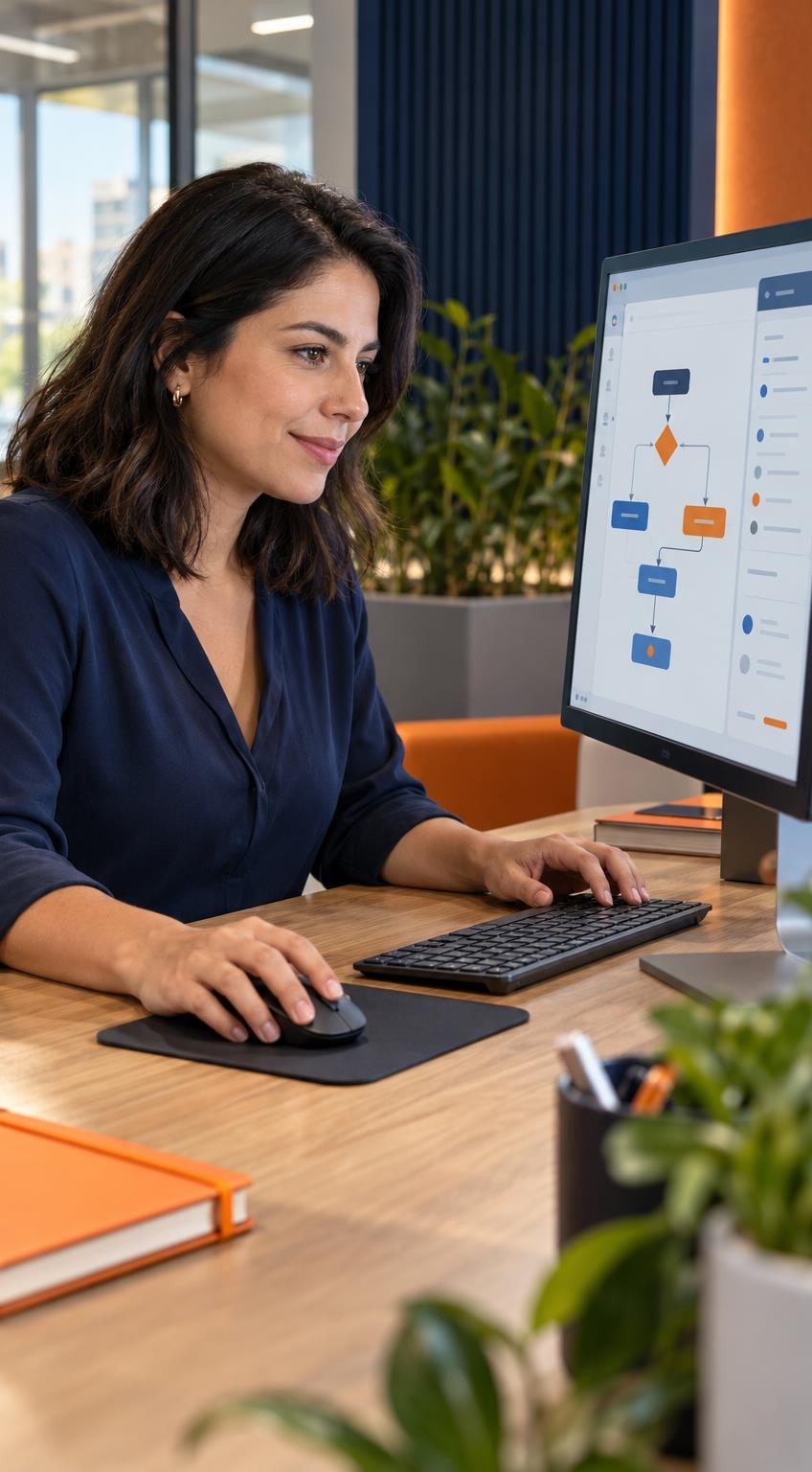Mujer trabajando frente a un monitor con un diagrama de flujo de automatización