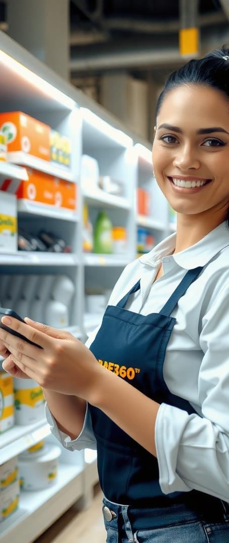 Mercaderista sonriente con celular frente a un estante de productos